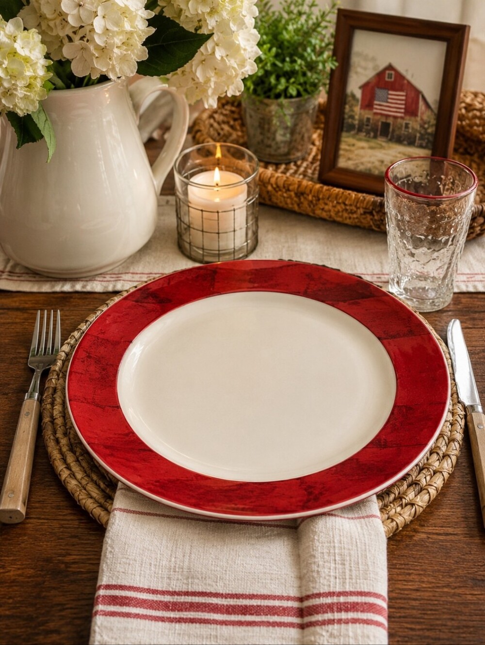 Warren Kimble Barns Dinner Plates Set of 4 Sakura Red Rustic Americana Farmhouse - Picture 3 of 8
